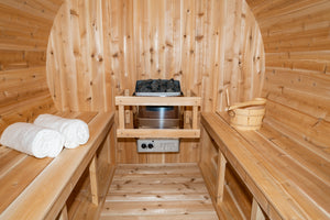 #CTC2245W Serenity 2X2 Meter W/45cm.Porch White Cedar Barrel Sauna - Maxwell Garden Centre