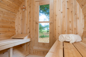 #CTC2245W Serenity 2X2 Meter W/45cm.Porch White Cedar Barrel Sauna - Maxwell Garden Centre